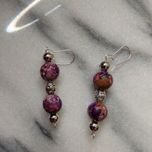 Handcrafted Purple Marble and Silver Beaded Earrings